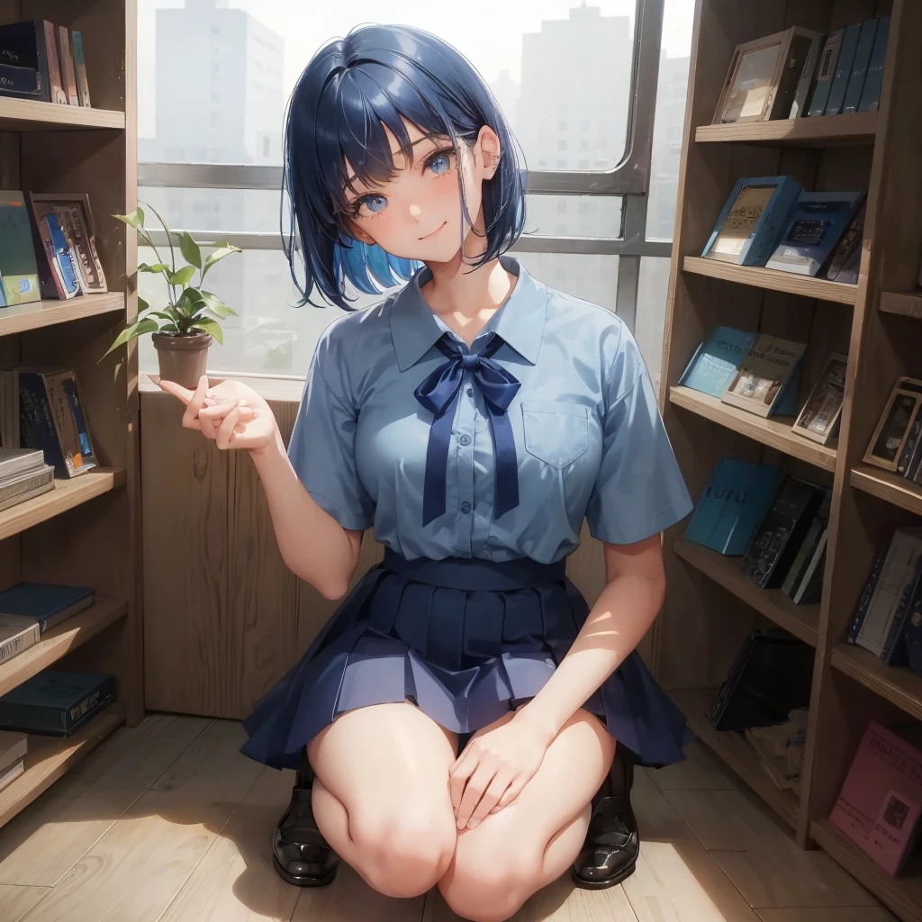 1. High school girl 17-year-old female Bobcut dark blue hair color High School Uniform Light blue Y-shirt Short sleeve Blue Ribbon dark blue hair color Slim figure Large Breasts Full body portrait School library Smiling Kindly Laugh a little library Hand Signs squat Kneel Look up here