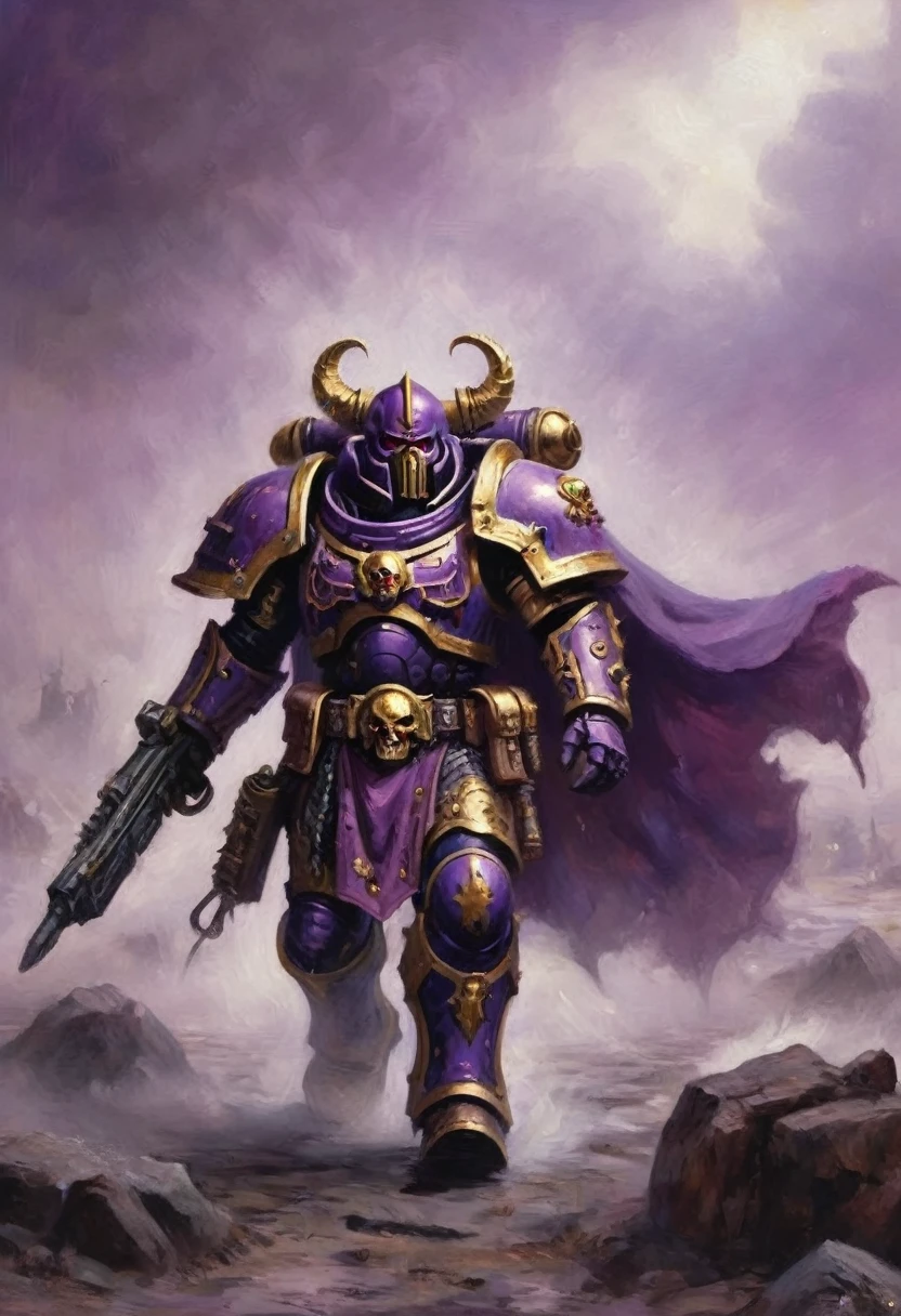 warhammer 40k, a chaos space marine of Slaanesh (purple armor, gold trim, violet cape) emerges from a mysterious fog on the battlefield, boltgun slung on his back