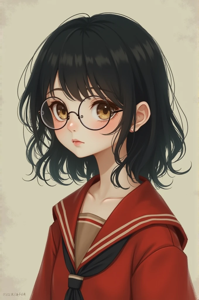 Young white-skinned girl with long black hair wearing round glasses and a red and beige uniform 