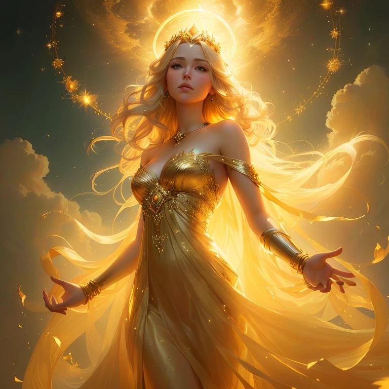 Wearing a golden dress、Blonde woman with a halo above her head, goddess of light, Golden ethereal light, a stunning portrait of a goddess, Portrait of the Queen of Light, beautiful goddess, goddess of the sun, Shining golden aura, goddess. Extremely high detail, Artgerm Julie Bell Beeple, celestial goddess, Beautiful fantasy art, Robber King, Fantasy Art Behance