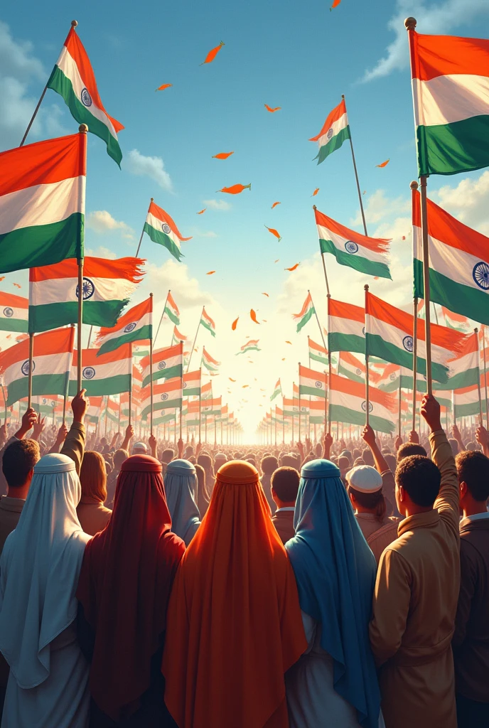 Independence day image with all religion bearing a flag extreme high quality with flag everywhere