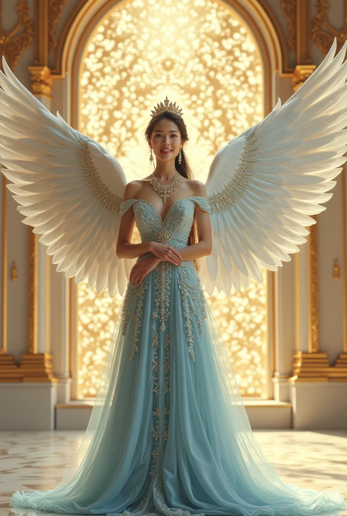 ((Very beautiful angel queen,The final form as a perfect angel, the masterpiece of an angel,Huge and intricate angel wings,The most dignified wings,Golden light,shining background,The most opulent and holy temple background,White and gold temple background,King of Angels, The most dignified angel, ((extremely detailed beautiful dresses)), (Intricate and solemn dresses, Light blue and gold embellishment dress on white, Light blue and gold dress on white base), (The most intricate and beautiful dresses, dresses decorated with some expensive jewels), ((extremely detailed gorgeous jeweled necklace)), Complex and majestic angel figure, The most intricately depicted figure of an angel, The World's Most Beautiful, Unimaginable beauties, (slim figure, attractive body shape, divine atmosphere), (smooth thin hair very fluttering in the wind, shiny hair), Intricate reproduction of the perfect angelic detail, The figure of an unimaginably gorgeous angel, The figure of an unimaginably huge angel)),((Most beautiful face, Half Japan and half Spanish, The biggest happy smile, The most luxurious and intricate dresses, The biggest smile looking at the camera)), Beautiful firm cleavage, beautiful clavicle, (Beautiful firm medium breasts), (Elegant standing figure, Fold your hands in front of your navel,)),Chest that seems to burst, Giant wings of angels, The background is the appearance of a perfect angel castle,Masterpiece,8K,very intricate, ultra detailliart, captivating and visually stunning piece of fractal art featuring, created by a renowned artist, vibrant colors. Formal artistic quality with strong aesthetic appeal.