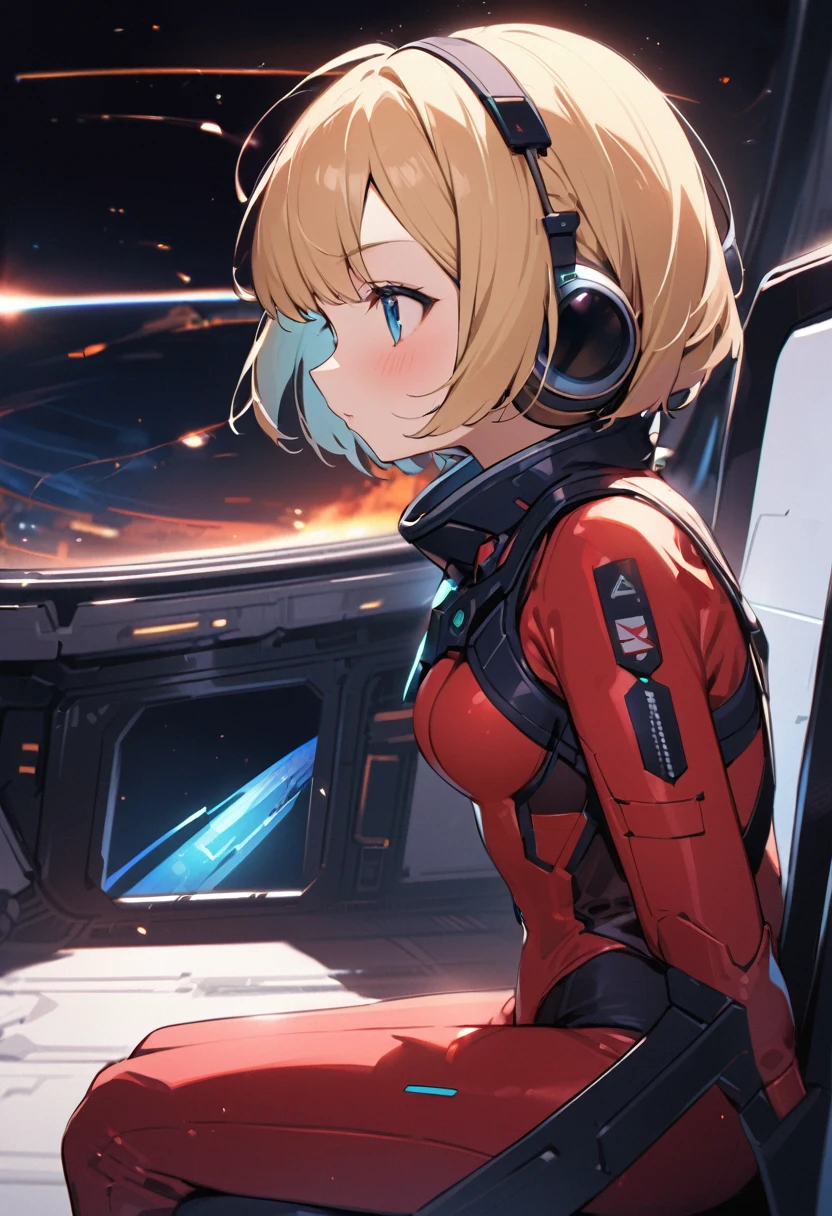 ( short hair, street, Emo, Blonde, Blue Eyes, ,headphone,eyeliner, Apocalypse, , internal (cockpit) of (Futuristic spaceship:1.6), , blush,Sit on a chair, Covered navel, Space Helmet, Mvrów, Space Helm, Plug Suit , Space Helmet, Eva Helm,Red bodysuit, short hair, From the side,Upper Body,close,Looking this way、background moving at high speed、