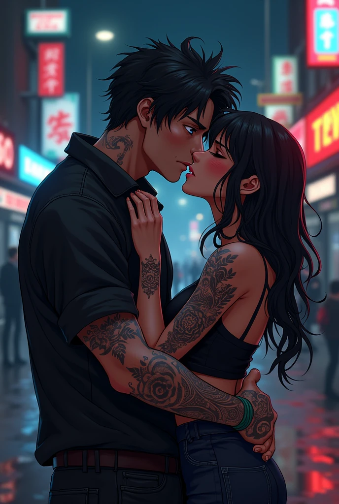 The poster features two adult male anime characters, one of whom is a gangster with tattoos on his hands. They are kissing on a street at night.