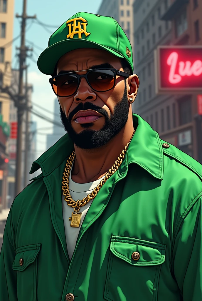 illustrates Chris Rock as Big Smoke in green outfit and GTA Cinematic cap