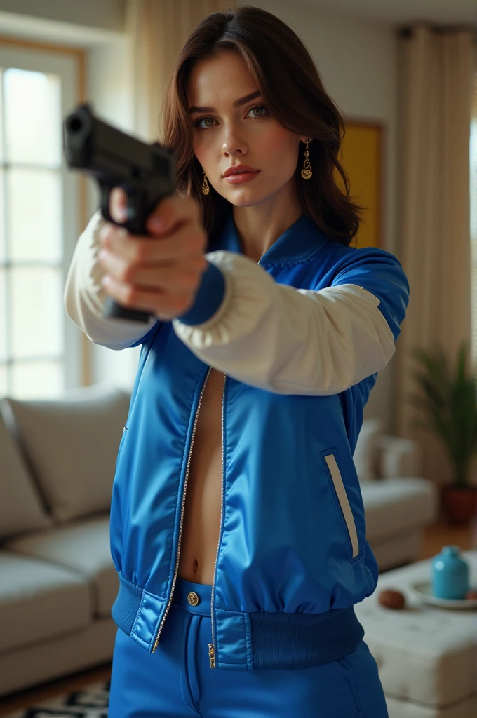 wide depth of field, living room background, full body image,, fragments, soft feminine royal blue and white satin bomber jacket, woman posing with a pistol ,,almost perfect, pure form, intricate details, 8K post-production, high resolution, super detailed, Popular topics on Artstation,, Studio photos, intricate details, Very detailed,