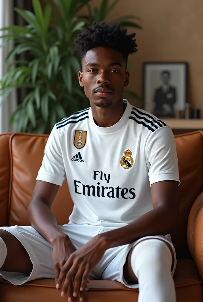 Generate an image of the Real Madrid player Endrick detailed in the interview sitting on a sofa in 4k, he must be wearing a Real Madrid outfit, dark skin and black hair