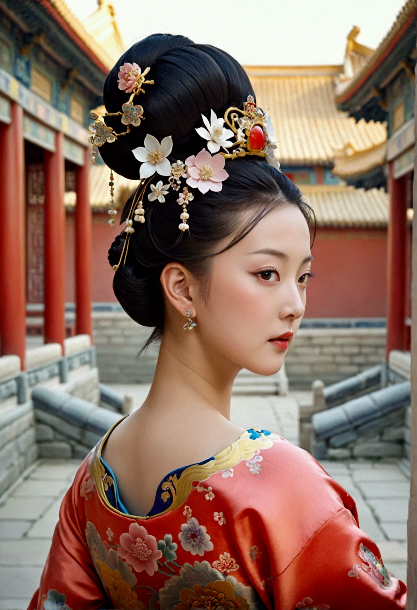 Front view of a Qing Dynasty empress in a Chinese palace during the Qing Dynasty. She is naked and has large breasts. She is wearing a crown and a flower hairpin.、Tie your bangs up.、The hair at the back of her head was tied up and pulled back.. The background is the stone paving of a Chinese palace during the Qing Dynasty..