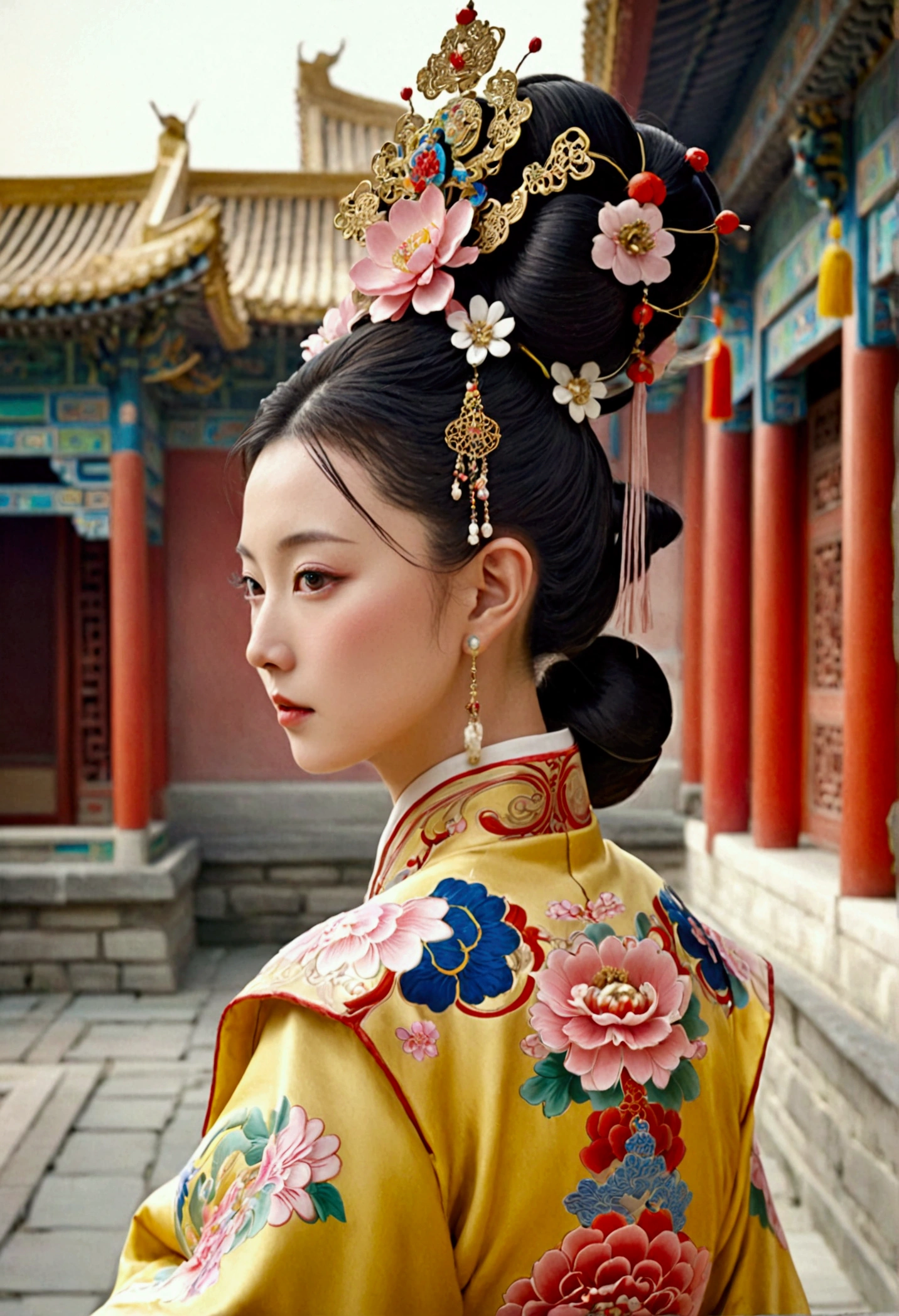 Front view of a Qing Dynasty empress in a Chinese palace during the Qing Dynasty. She is naked and has large breasts. She is wearing a crown and a flower hairpin.、Tie your bangs up.、The hair at the back of her head was tied up and pulled back.. The background is the stone paving of a Chinese palace during the Qing Dynasty..