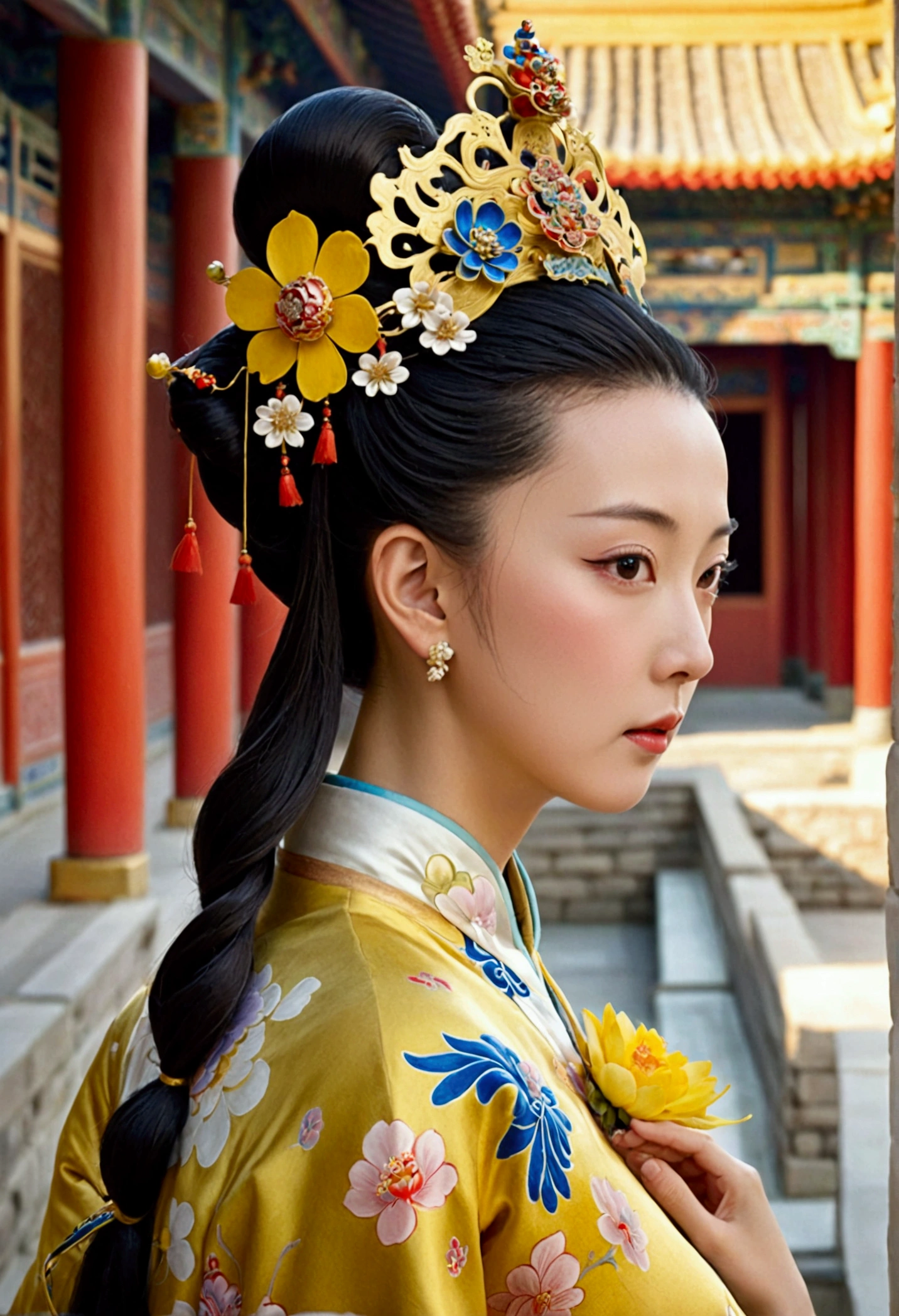 Front view of a Qing Dynasty empress in a Chinese palace during the Qing Dynasty. She is naked and has large breasts. She is wearing a crown and a flower hairpin.、Tie your bangs up.、The hair at the back of her head was tied up and pulled back.. The background is the stone paving of a Chinese palace during the Qing Dynasty..