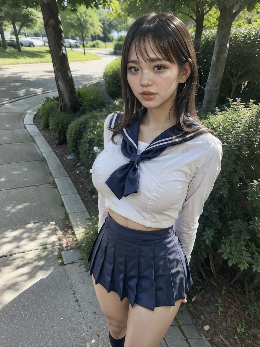 ((full body:1.5, standing)), ((smile:1.5)), (twin tale hair:1.4), ((large breast:1.3)), ((a cute girl, wearing a tight sailor uniform, white shirts, navy pleats skirt)), very short skirt:1.3, earring, in a bright location, 1girl, detailed face, beautiful eyes, long eyelashes, detailed lips, detailed nose, detailed facial features, , short skirt, pleated skirt, outdoors, bright sunlight, natural lighting, sunshine, vibrant colors, vivid colors, highly detailed, hyper realistic, 8K, photorealistic, masterpiece, professional photography, cinematic lighting, cinematic composition