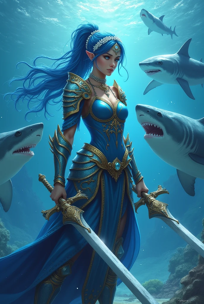 A beautiful girl with blue haired styled in a ponytail and an icy blue colored eyes, wearing a blue and gold battle armor with her pearl and coral headdress, holding her two claymore sword, standing at the center of the aquatic kingdom with a lot of great white shark behind her.