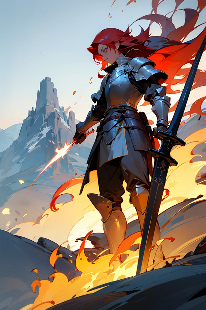 Draw a knight with red hair, holding a flaming claymore, standing on a mountain peak, looking down at the flame above him.