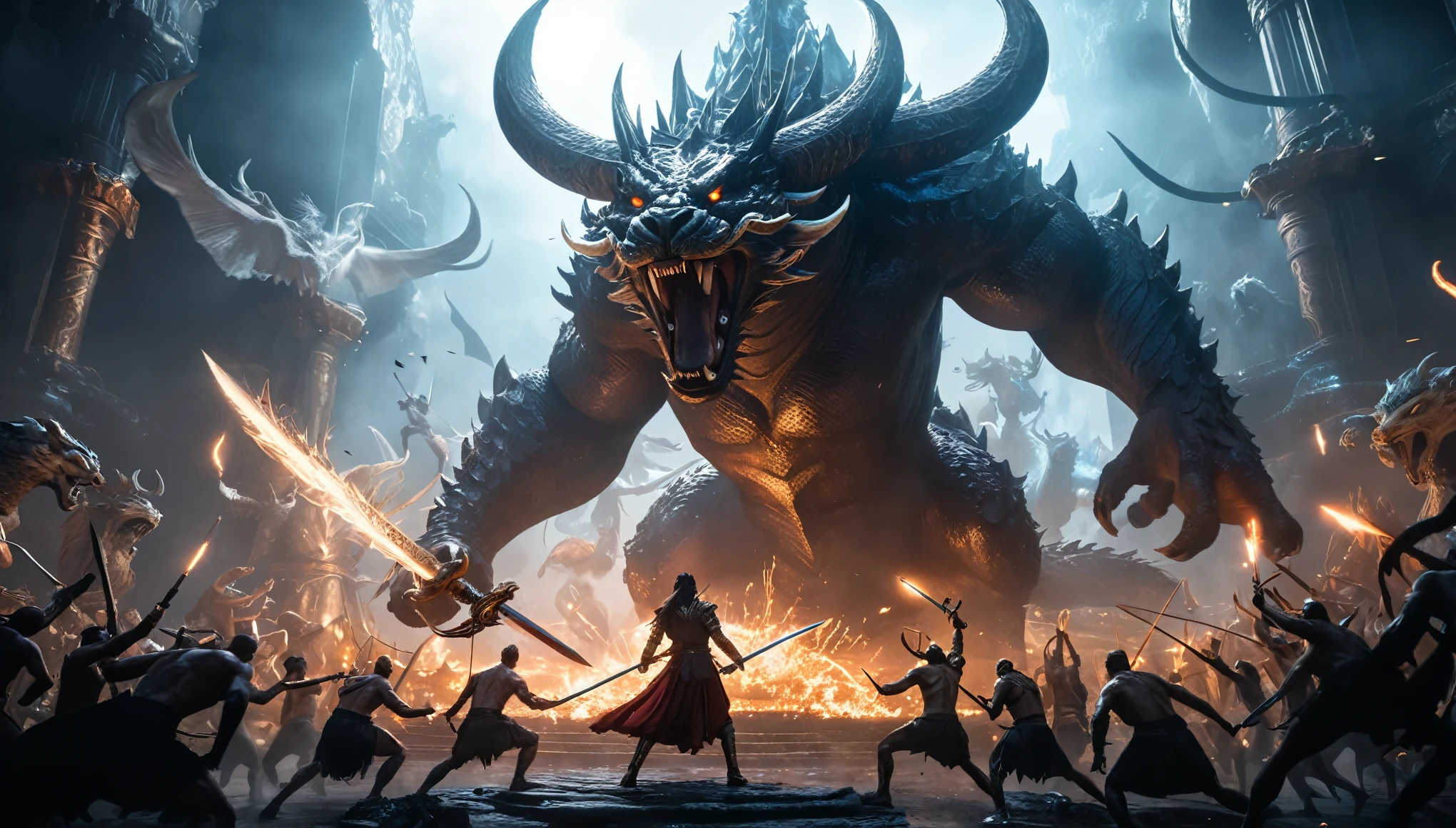Prompt #2:
An epic battle scene in a different world, the hero at the center wielding a sword that glows with an ethereal light, surrounded by fantastical beasts and allies, mid-action, high tension, Canon EOS R8, wide angle lens entrance to hell