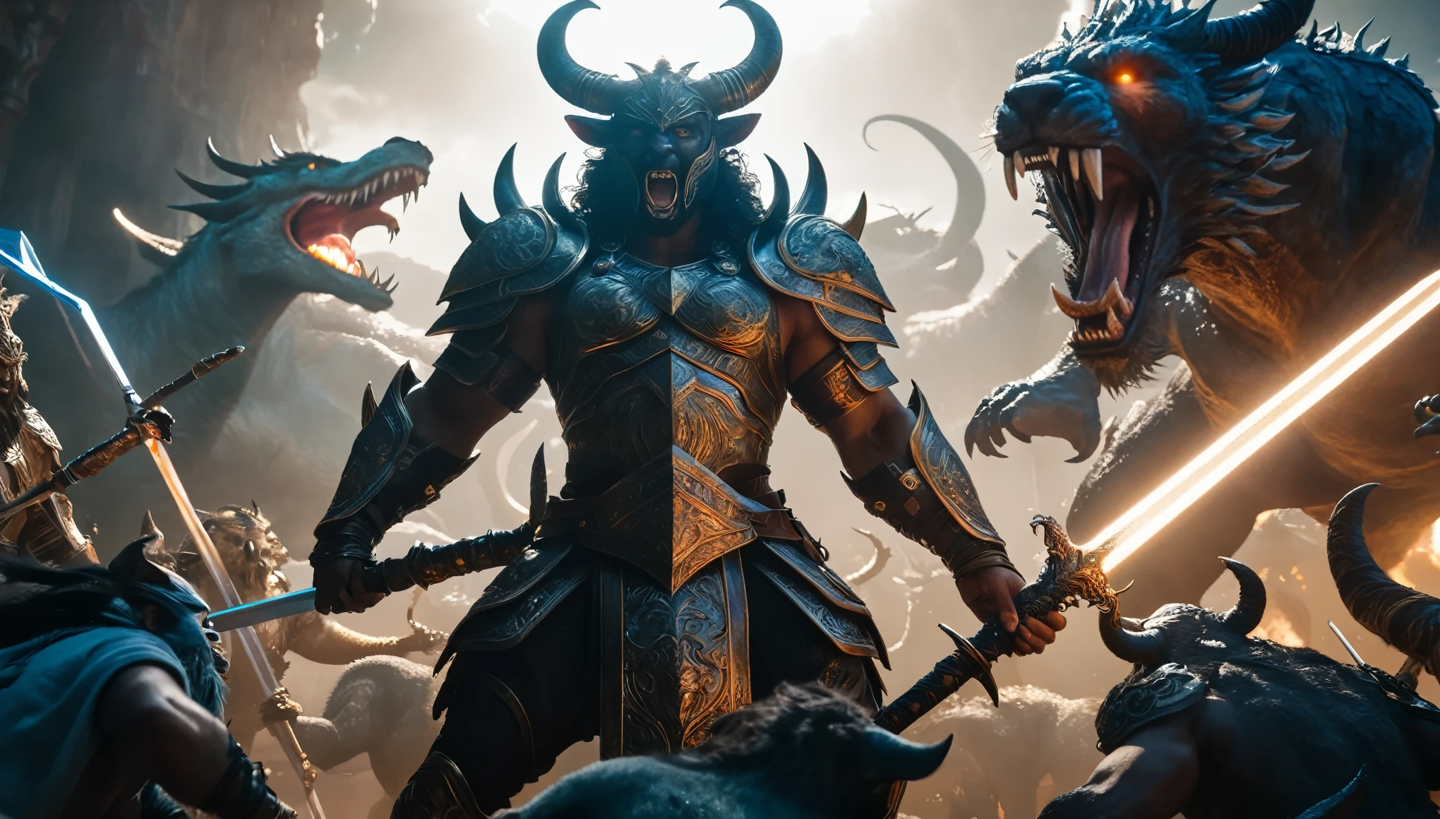 Prompt #2:
An epic battle scene in a different world, the hero at the center wielding a sword that glows with an ethereal light, surrounded by fantastical beasts and allies, mid-action, high tension, Canon EOS R8, wide angle lens entrance to hell