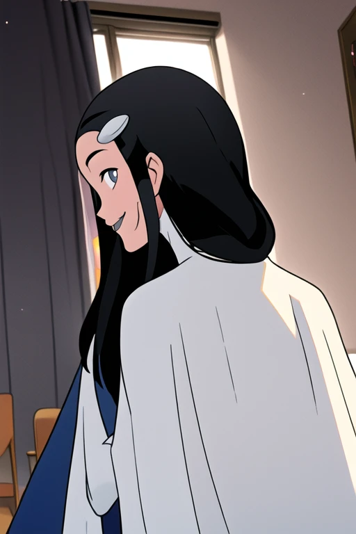 Tinya Wazzo, solo,black hair, long hair. grey eyes, smile, grey lips, white cape, best quality, masterpiece, 1girl, Masterpiece, Best Quality, Detail, room, From Behind, back, look behind, cape backward
