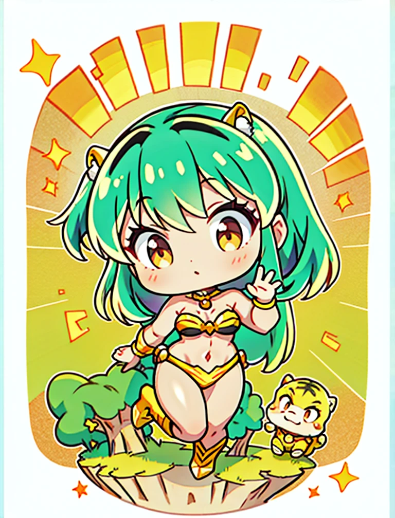 (master piece, high-quality, Mystical), (ultra high resolution, 8K RAW photo, natural lighting, textile shading), wide shot photo:1.6, (1 beautiful anime girl:1.3, solo:1.5, full body:1.3), alone, shiny skin, BREAK, 1girl, lum, strapless tiger bikini, tiger boots, focus, ((full body:1.3, unbalance posture)), cinema poster image, Exotic wallpapers, fantastic colorful art, (fantasy image:1.5), ((correct hand)), ((chibi)), chibi style, super chibi, (random pose), dynamic pose, arm out, one leg behind, framed background, white background, full body