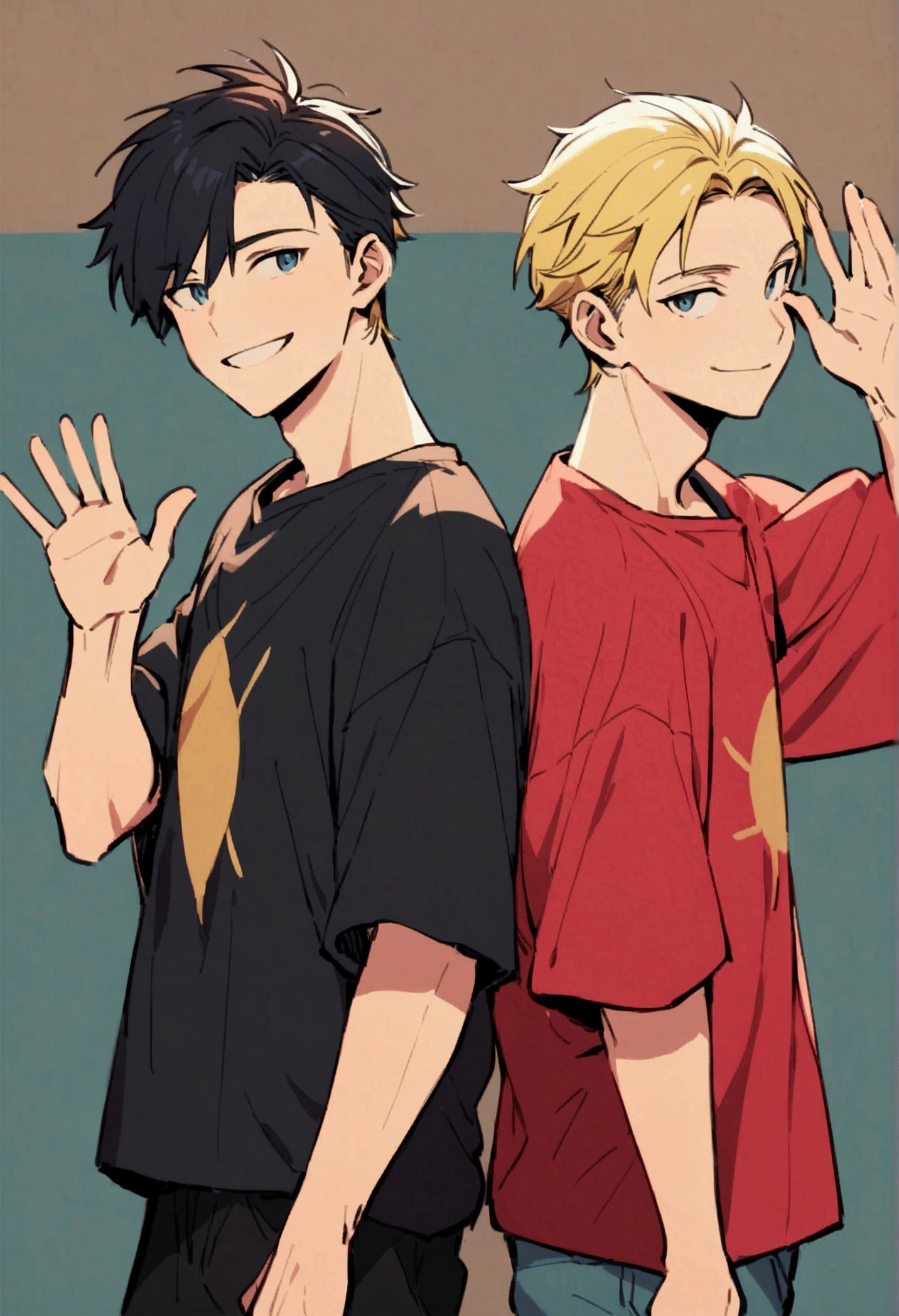 There are two guys, one is standing a little in front of the other. The guy in the front is smiling and waving at the POV, and is blonde with regular hair. The guy in front wears a baggy shirt with black pants. The guy in the back is looking to the side with a disinterested look. He has medium length black hair, and wears a red Hawaii shirt with blue jeans.