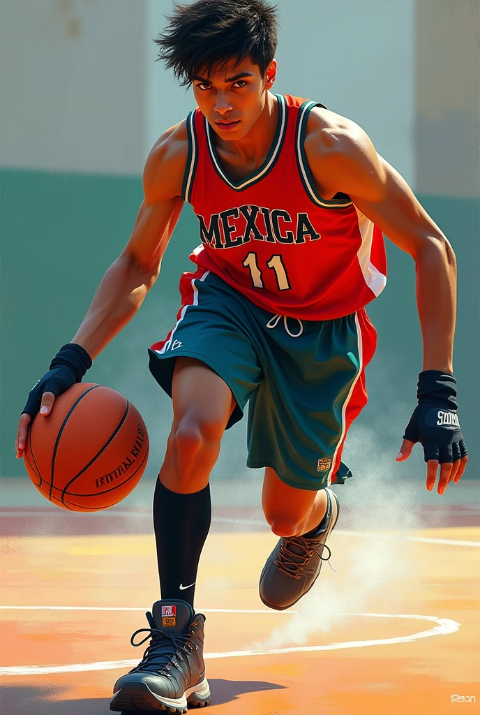 16 year old mexican basketball player wearing fingerless gloves and hiking boots and knee high socks