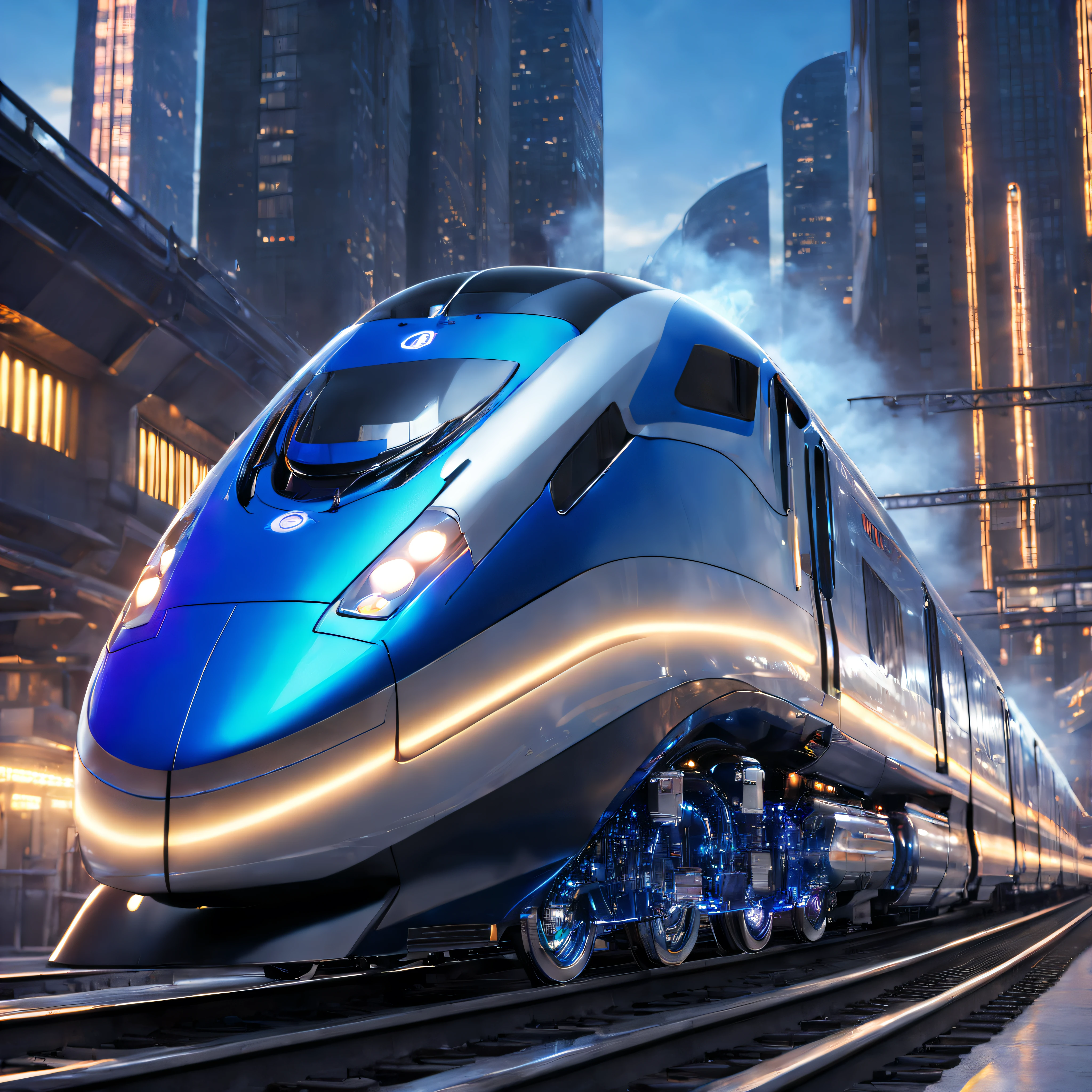 A transforming robot train with intricate details, realistic metallic textures, and vibrant colors. High-quality rendering (best quality, 4k, 8k, highres, masterpiece:1.2), ultra-detailed, and physically-based rendering for a photorealistic look. The train is showcased in a dynamic action pose, with smoke billowing from its exhaust pipes. The train's exterior features a combination of sleek curves and sharp edges, with LED lights illuminating its path. The train is set against a futuristic cityscape, with towering skyscrapers and neon lights casting a vibrant glow. The overall color palette is dominated by metallic silver and electric blue hues. The scene is bathed in a warm, golden light, adding a sense of warmth and depth to the image.