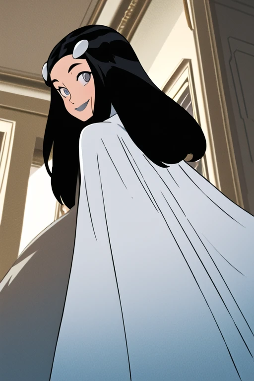 Tinya Wazzo, solo,black hair, long hair. grey eyes, smile, grey lips, white cape, best quality, masterpiece, 1girl, Masterpiece, Best Quality, Detail, room, From Behind, From Below, cape in front, Zoom Layer,