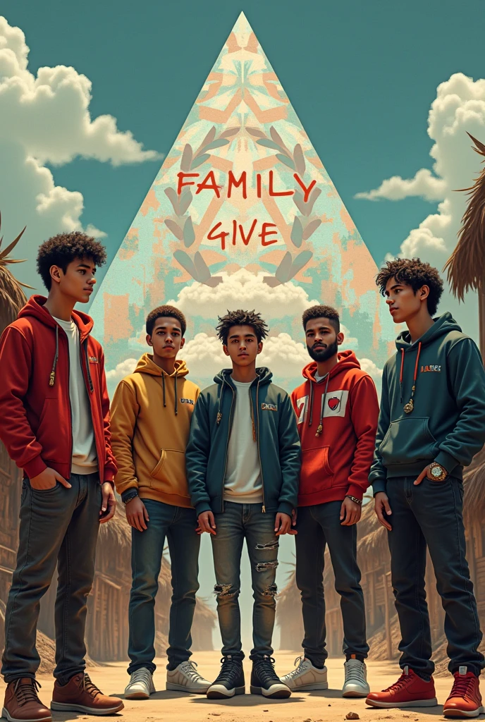 A group of 5 young white males wearing hip hop clothing, behind them a triangle with an illusion effect and inside the triangle written "Family Gve". Left theme, the background of the image represents an indigenous village.