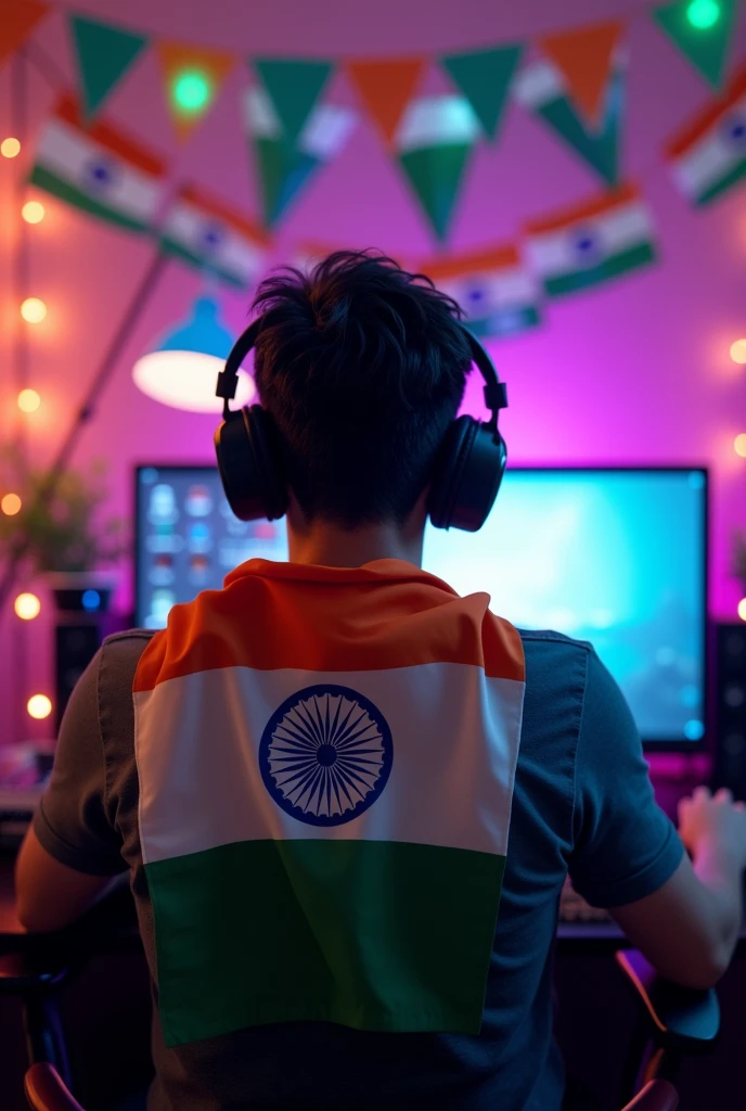 Here's a prompt for the image A healthy young man show face in a gaming room fully decorated with Indian flags and tricolor-themed decoratives and gaming room with tricolour lighting . He has the Indian flag draped over his shoulders and is wearing headphones, completely immersed in the festive spirit of Independence Day. The room is vibrant, with tricolor lights, banners, and streamers, creating an atmosphere of national pride and celebration. The gaming setup is sleek and modern, but the focus remains on the patriotic decorations and the sense of unity and joy in the scene."