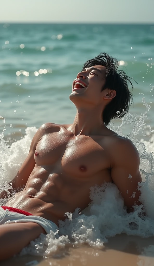 photorealistic, best quality, masterpiece, extremely detailed, very sexy, very homoerotic, extremely handsome, 20 year old japanese man, muscular bodybuilder, wearing skimpy speedos, laughing out loud, lying face down on the shore, splashing waves, looking at camera, extremely romantic atmosphere, perfect face, perfect fingers, perfect hands, perfection