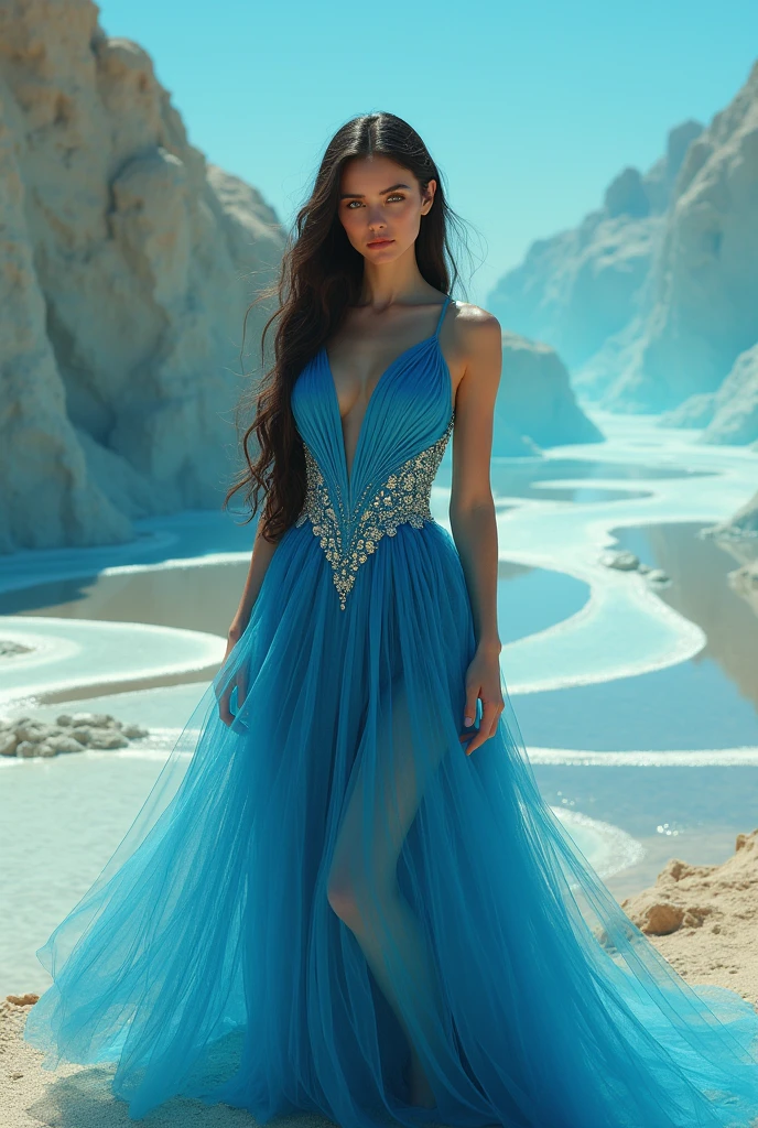 High contrast, (8K wallpapers: 1.3), realistic, octane rendering, realistic, (realistic face: 1.2), sharp focus, (masterpiece), (best quality), (mirror lighting: 1.5), light on the face, (goddess, flowing brown long hair: 1.3), noble and gorgeous, 1 goddess, (standing by the water: 1.4), reflection, real, slim figure, sky blue and light pink evening dress, crystal necklace, gorgeous fabric, diamond earrings, metal bracelet, atmospheric walking posture, red lips, High heels, white stockings, lighting effects, shining light, blue sky, desert, (gorgeous:1.2), (elegant:1.1), (confident:1.1)
