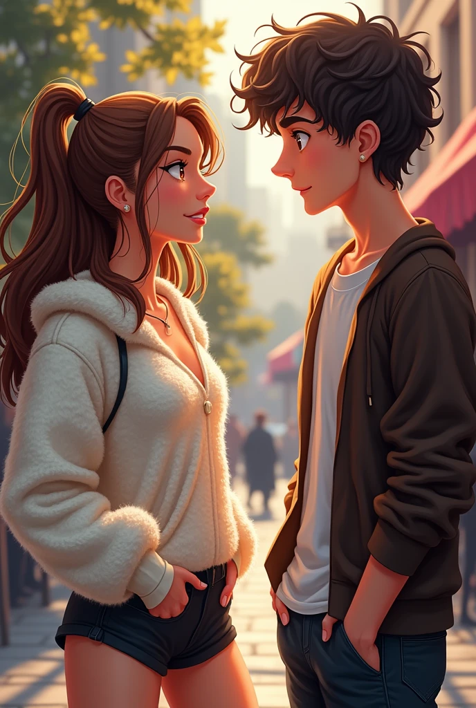 Image of a brown-haired girl in flashy but casual clothes with a white or cream wool sweater and something black and short that starts with fal
Now that girl just like this, That she is flirting with a guy with curly, medium-dark hair. Let the two of them see each other face to face., the girl flirting with him