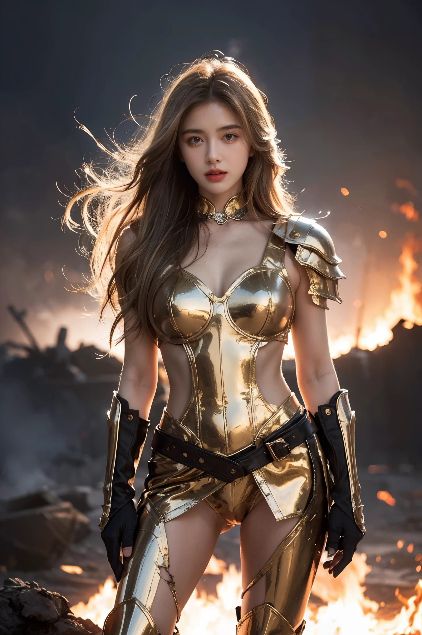 (masterpiece), (best quality), (1 girl), Girl in golden armor, cool pose,( battlefield background), Fire background, messy hair, broken armor, tattered clothes,photo, high resolution, 4k, 8k, blonde hair, (whole body)