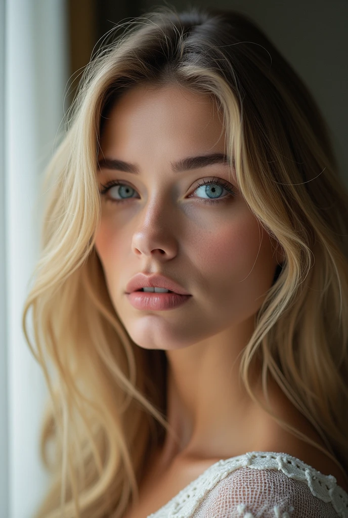 caucasian woman, blue oriental eyes, thin face, full lips blonde hair , nose raised