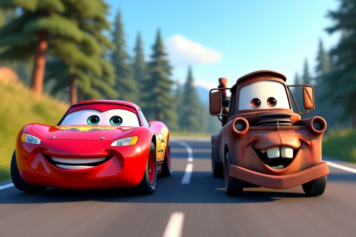 "Two animated cars, one a sleek red sports car with a shiny surface and big, expressive eyes, smiling confidently, and the other a rusty, old tow truck with a warm, friendly grin, drive side by side on a scenic, sunlit road. The red car's metallic surface reflects the soft sunlight, creating a polished look, while the tow truck's rusted metal contrasts with its cheerful demeanor. Surrounding them are tall pine trees with rich, dark green foliage, their shadows dancing on the road. The road is smooth and slightly curving, leading into the distance. The tow truck's eyes are slightly squinted in a joyful expression, showing camaraderie as they drive together. The clear blue sky above enhances the vibrant colors of the scene, and the overall mood is one of friendship and adventure. The camera angle is slightly low, emphasizing the size and presence of the characters, capturing their expressions and the dynamic between them in the beautiful forest setting."