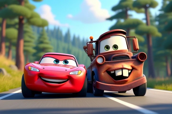 "Two animated cars, one a sleek red sports car with a shiny surface and big, expressive eyes, smiling confidently, and the other a rusty, old tow truck with a warm, friendly grin, drive side by side on a scenic, sunlit road. The red car's metallic surface reflects the soft sunlight, creating a polished look, while the tow truck's rusted metal contrasts with its cheerful demeanor. Surrounding them are tall pine trees with rich, dark green foliage, their shadows dancing on the road. The road is smooth and slightly curving, leading into the distance. The tow truck's eyes are slightly squinted in a joyful expression, showing camaraderie as they drive together. The clear blue sky above enhances the vibrant colors of the scene, and the overall mood is one of friendship and adventure. The camera angle is slightly low, emphasizing the size and presence of the characters, capturing their expressions and the dynamic between them in the beautiful forest setting."