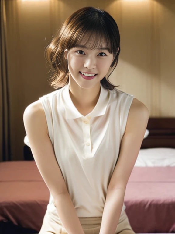 (Masterpiece, Best quality:1.3), (Ultra realistic:1.2), Natural light, 28 years old actress, Japanese women, Neat and clean, (White tennis uniform, White short-sleeve polo shirt with darknavy line collar:1.1), (unbutton:1.3), (White pleated skirt:1.1), white sock, (short wavy hair:1.3), ponytail, (Beautiful face), Oval face, clear, Beautiful eyes, Kind eyes, Clear skin, Small face, Beautiful mouth, Small mouth, Natural makeup, Approachable, (nsfw:1.1), Seductive smile, (Seductive pose:1.2), (Beautiful thighs:1.1), (Bedroom eyes:1.1), Embarrassed, Blush, Luxury hotel Suite room, On bed, lesbian couple , girls petting together Pussy, grabbing crotch together, girls erotic hag, (arms behind back: 1.1), shibari, Spread legs,