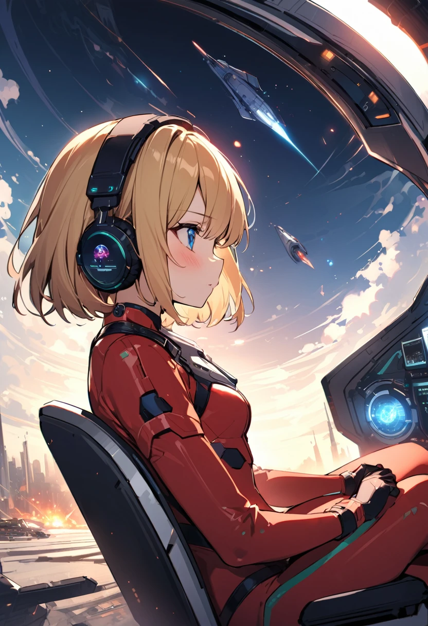 ( short hair, street, Emo, Blonde, Blue Eyes, ,headphone,eyeliner, Apocalypse, , internal (cockpit) of (Futuristic spaceship:1.6), , blush,Sit on a chair, Covered navel, Space Helmet, Mvrów, Space Helm, Plug Suit , Space Helmet, Eva Helm,Red bodysuit, short hair, From the side,Upper Body,close,Looking this way、background moving at high speed、