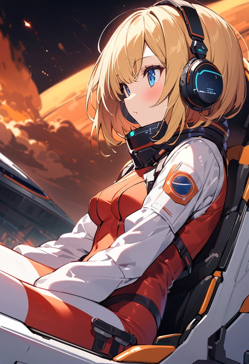 ( short hair, street, Emo, Blonde, Blue Eyes, ,headphone,eyeliner, Apocalypse, , internal (cockpit) of (Futuristic spaceship:1.6), , blush,Sit on a chair, Covered navel, Space Helmet, Mvrów, Space Helm, Plug Suit , Space Helmet, Eva Helm,Red bodysuit, short hair, From the side,Upper Body,close,Looking this way、background moving at high speed、