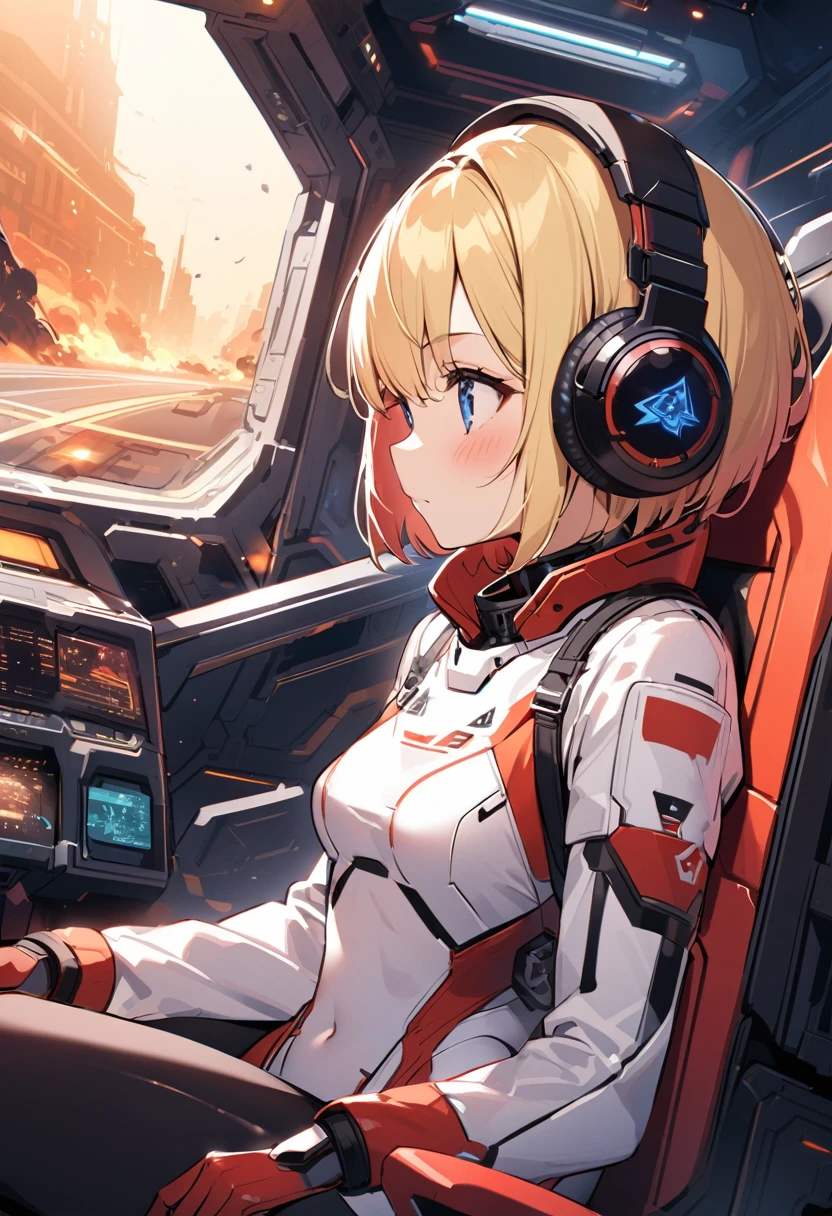 ( short hair, street, Emo, Blonde, Blue Eyes, ,headphone,eyeliner, Apocalypse, , internal (cockpit) of (Futuristic spaceship:1.6), , blush,Sit on a chair, Covered navel, Space Helmet, Mvrów, Space Helm, Plug Suit , Space Helmet, Eva Helm,Red bodysuit, short hair, From the side,Upper Body,close,Looking this way、background moving at high speed、
