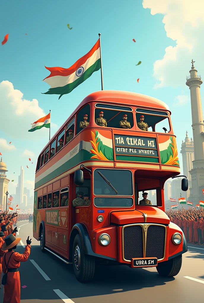 India's national day themed double decker bus with lots of army