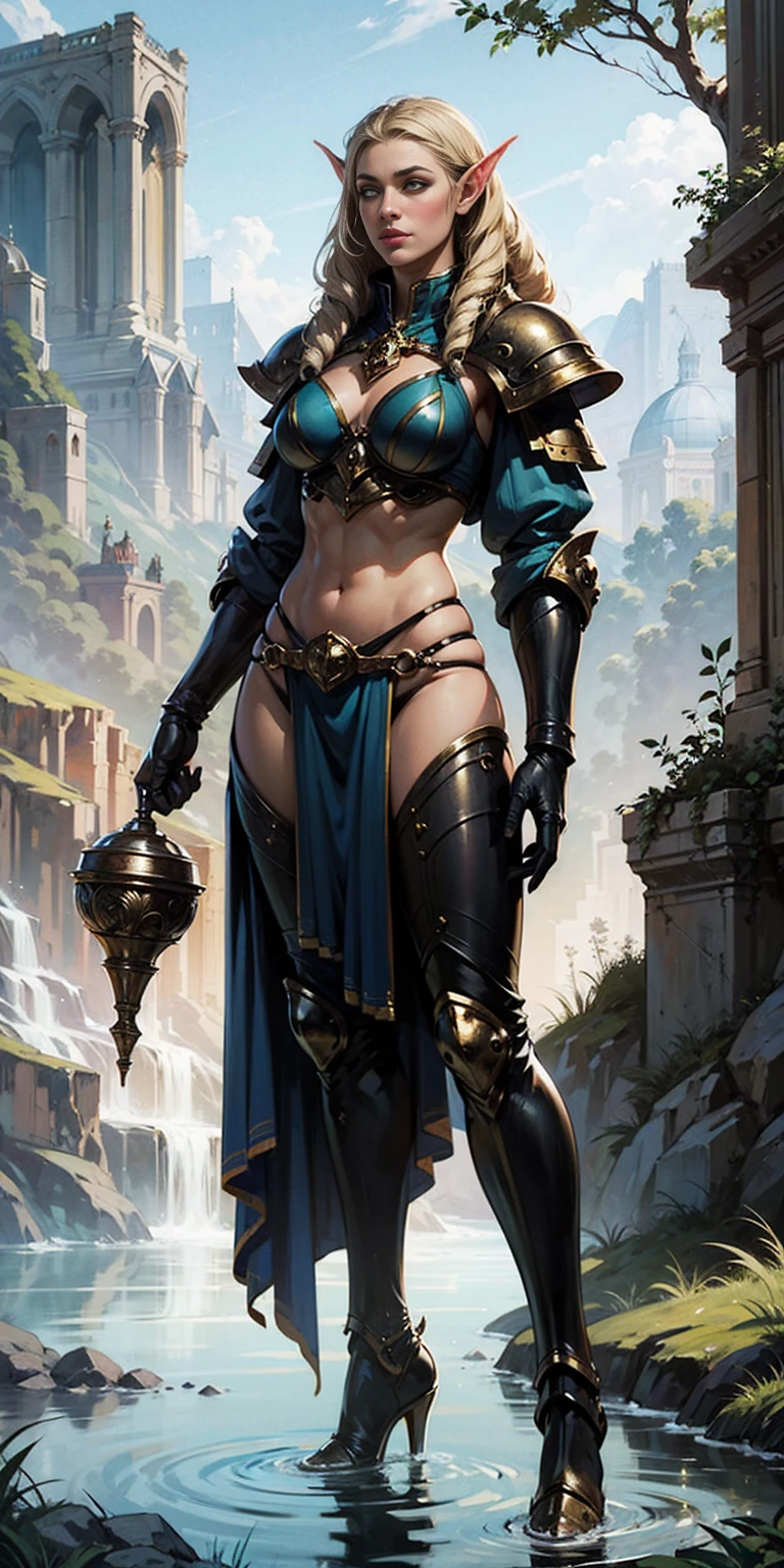 Extremely detailed Artgerm style: This sets the overall artistic style with a high level of detail. Fantasy art: This specifies the genre. Goddess of the green forest: This defines the character's role and gives context to the setting. Woman with long, elf ears: This incorporates the elf features. Black skin: This specifies the character's race. Ornate bikini armor: This combines the skimpy clothing with a fantastical, protective element. Blue high heels standing straight symmetrical: This suggests the color of the bikini and potentially the water body. Long, messy blonde hair: This adds a detail that contrasts the Artgerm style, which is typically more polished for hair.