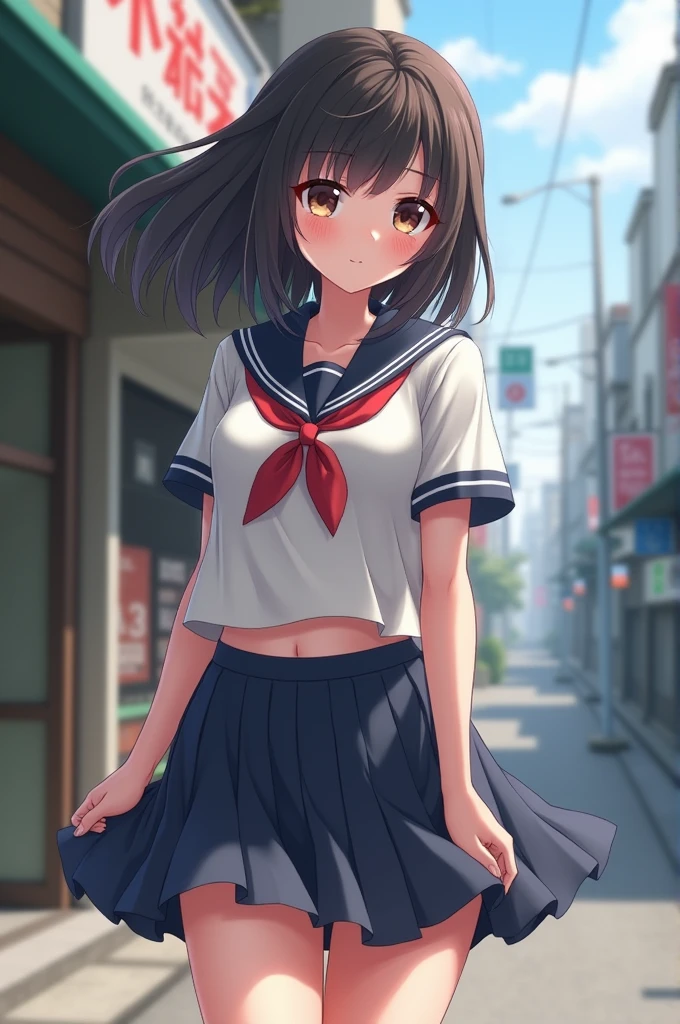 nsfw, 8k, RAW, (Photorealistic:1.3), Ultra high resolution, highest quality, (natural light, ray tracing),
break
(serafuku, sailor school uniform:1.3), pleated high school uniform skirt, dark blue, (The short miniskirt is turned in the wind and I can see the panties:1.4), (panties is white:1.3), (feel embarrassed, blush, smile:1.3), Japanese girl, beautiful face, ,  face, slender, medium straight hair, narrow waist, (medium breasts:1.2), (in the windy street:1.4),
break, (natural skin texture, detailed skin, hyperrealism, super sharpness), (intricate details), depth of field, (detailed face),