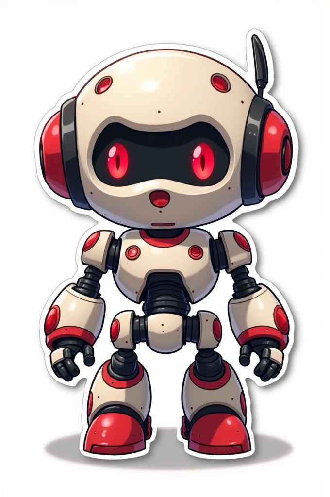 Generate an anime sticker of a chibi robot with red details, with borders and white background