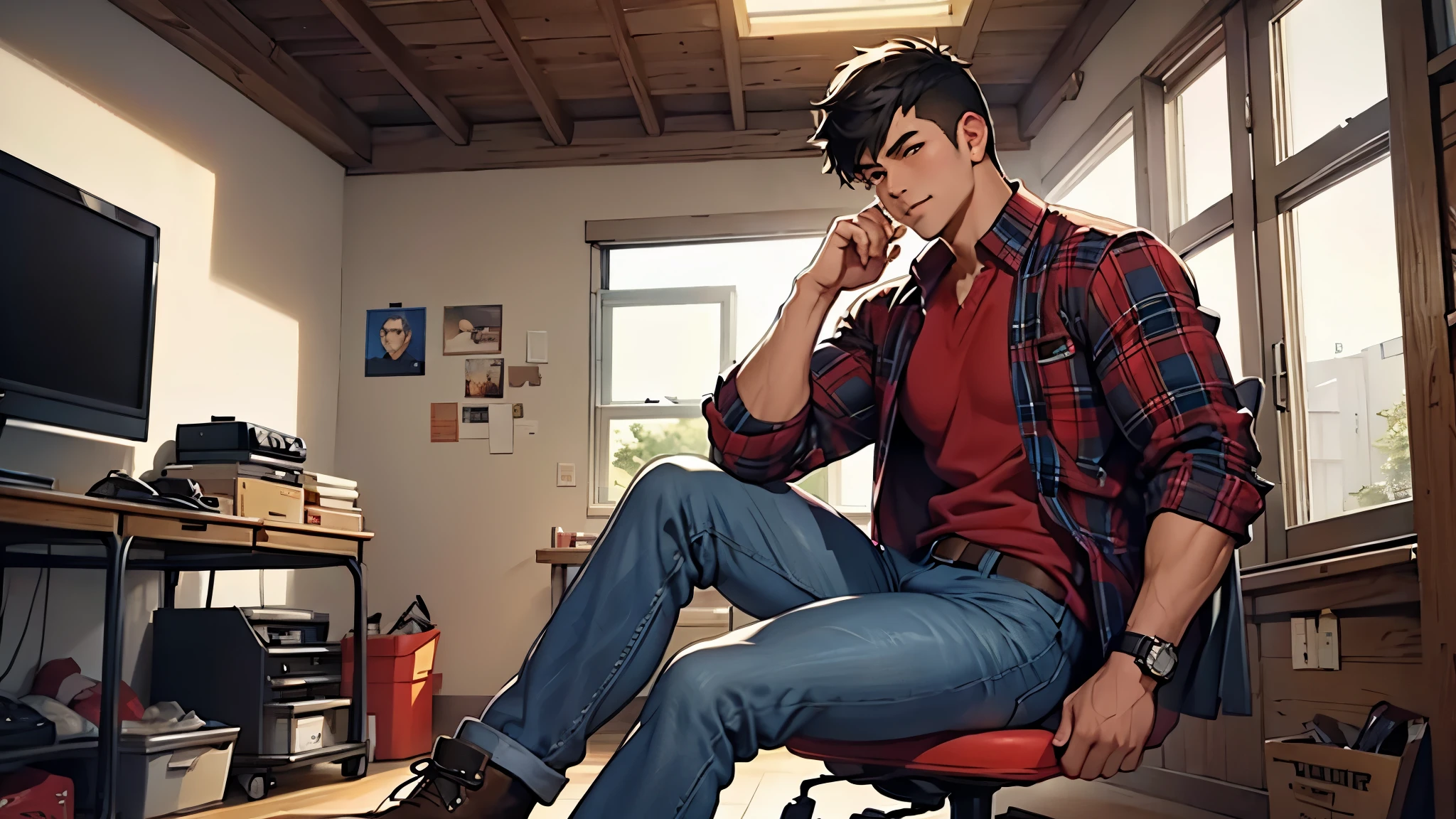 Yeah, that'd be nice. Thank you. Well, my main (and probably only) OC is probably Ryan. He's an asian male that stands at 5'5"ft, 242lbs. Has a chubby build with a bit of muscle, ebony smart cut hair, warm brown eyes. And mostly dresses up in casual attire, red or blue plaid shirt, baggy jeans, old work boots.