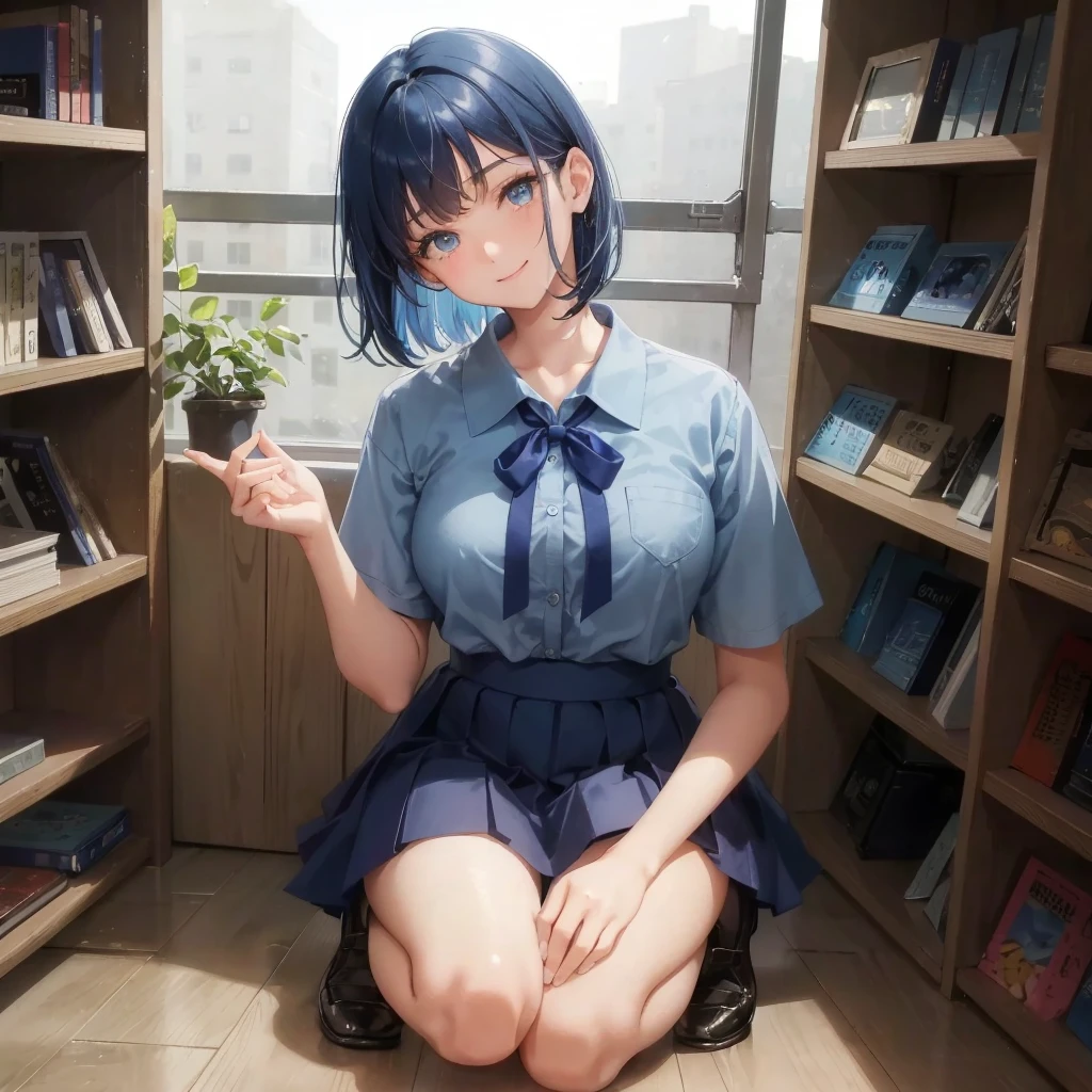 1. High school girl　17-year-old female　Bobcut　dark blue hair color　High School Uniform　Light blue Y-shirt　Short sleeve　Blue Ribbon　dark blue hair color　Slim figure　Large Breasts　Full body portrait　School library　Smiling Kindly　Laugh a little　library　Hand Signs　squat　Kneel　Look up here　