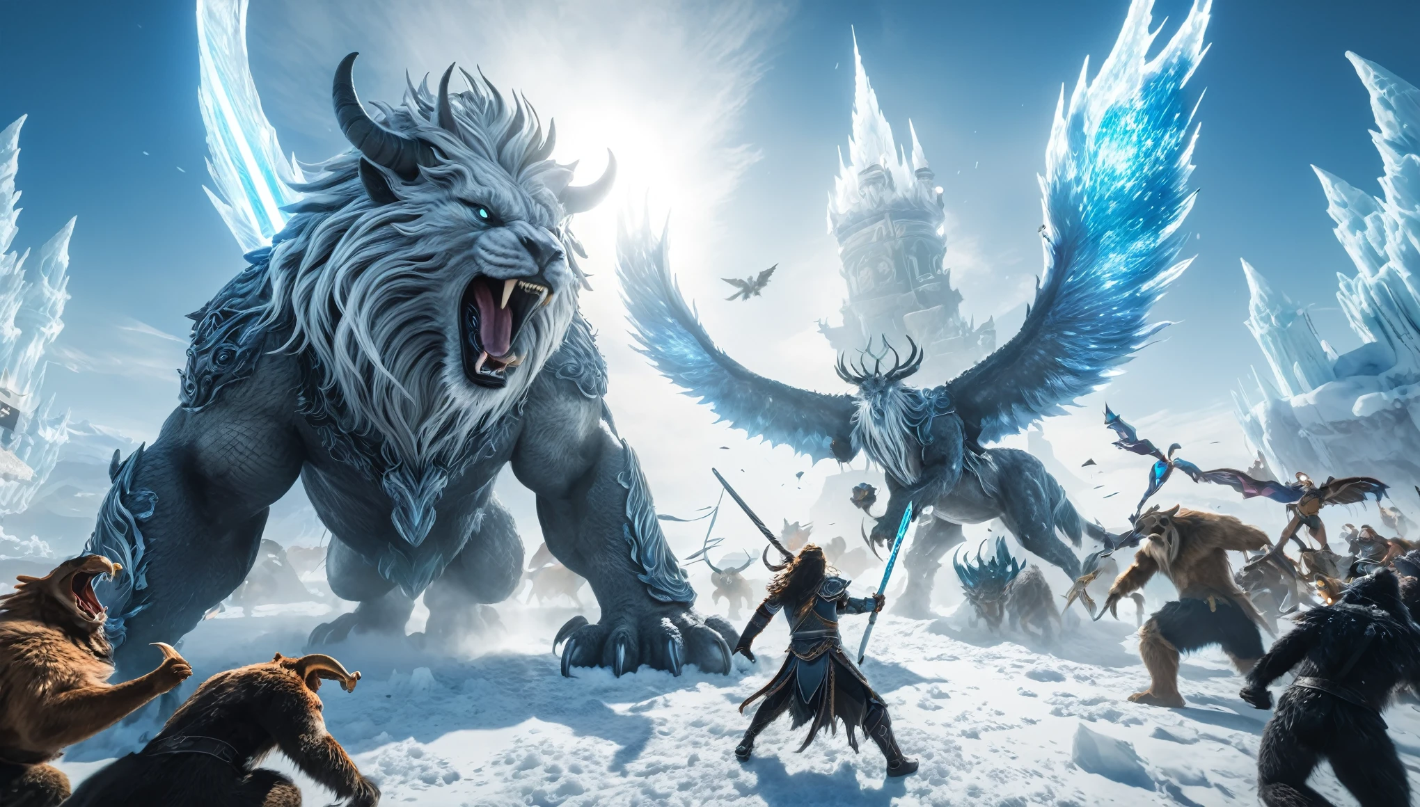 Prompt #2:
An epic battle scene in a different world, the hero at the center wielding a sword that glows with an ethereal light, surrounded by fantastical beasts and allies, mid-action, high tension, Canon EOS R8, wide angle lens, blizzard ice world