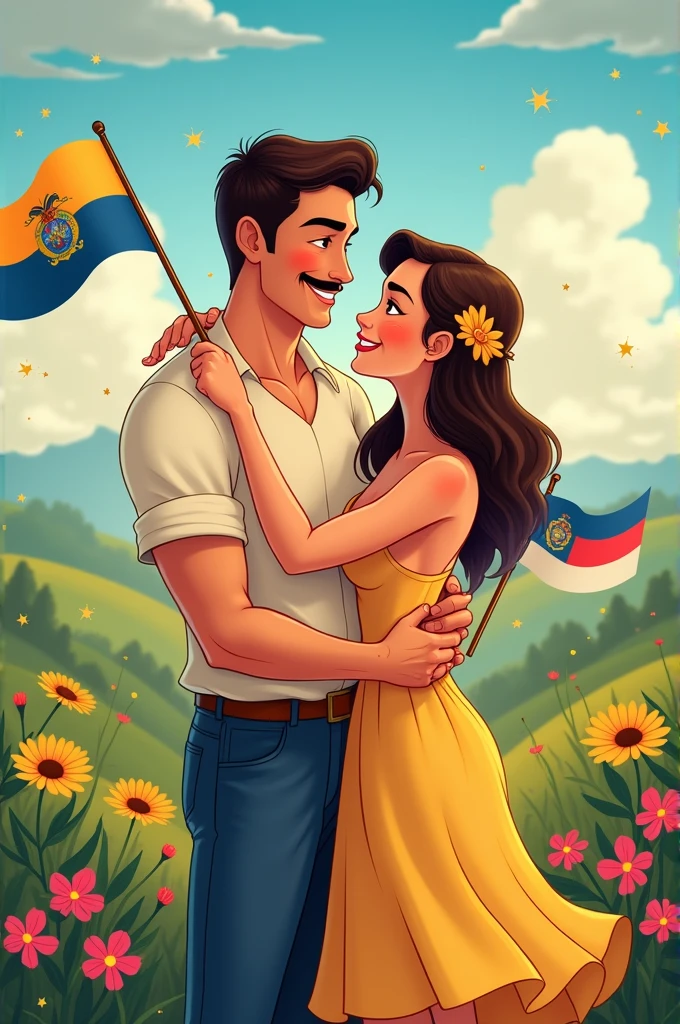 Bolivian man couple with Bolivian flag, Chilean woman with Chilean flag Disney-style cartoon