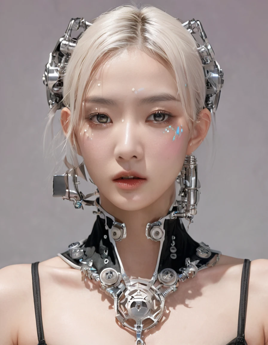 An extraordinarily detailed close-up portrait of an android-human hybrid K-pop idol, showcasing her striking Skell cyberpunk appearance. Her face is adorned with intricate mechanical implants, while her white hair, high contrast, upscale sharpness:1.4, reflective environtment, unreal engine, space cyborg style. Wear antena, futuristic mask ,The background features a soft, dreamy style, contrasting with her metallic and glossy chrome features. This captivating image was expertly captured with a Fujifilm XT-10 camera, delivering an ultra-high 8K resolution for breathtaking detail. The hyper-realistic photo exhibits the skill of award-winning photography. Wet and glossy make up realistic:1.4, Photorealsitic)、(intricate detailes:1.2)、(masterpiece、:1.3)、beauty face, (top-quality:1.4)、(超A high resolution:1.2)、超A high resolution、(A detailed eye)、(detailed facial features), ((Realistic lighting、top-quality、8K、natural light, masterpiece:1.3))、bright photo, Clear focus:1.2、1girl in、flawless beauty:1.4、Superfine Face、big Narrow-eyed、double eyelid、photos realistic, perfect eyes, perfect skin, detailed skin, detailed face, looking viewer, front view, potrait, raw photo, simple soft pink background, (intricate detailed skin textured:1.4) (Highest quality:1.3), (sharp focus:1.5), (skin_textures:1.2), (photorealistic:1.3), (highly detailed skin), (detailed face), (high detailed skin:1.2), (glistening skin:1.15),