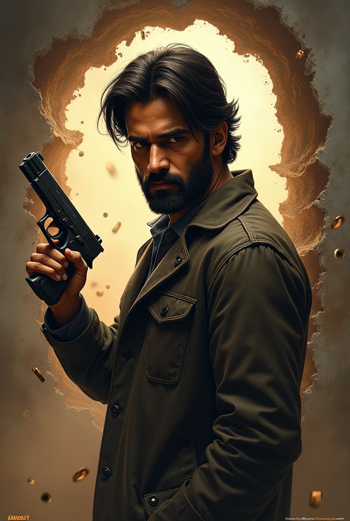Type name Arun with gun and bullets and background hole with bullets