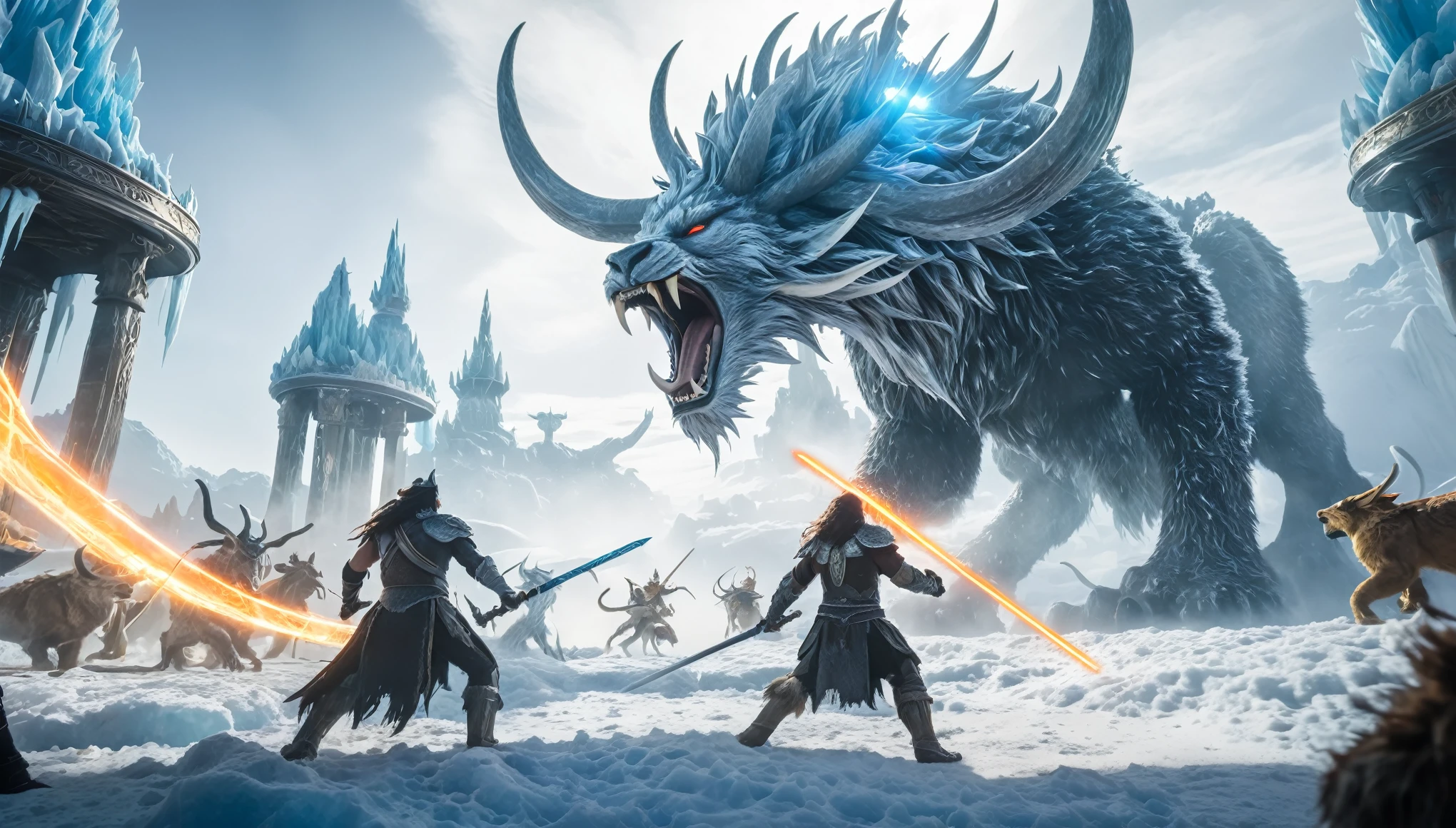 Prompt #2:
An epic battle scene in a different world, the hero at the center wielding a sword that glows with an ethereal light, surrounded by fantastical beasts and allies, mid-action, high tension, Canon EOS R8, wide angle lens, blizzard ice world