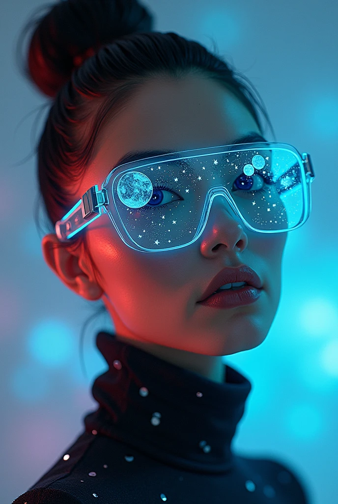 The model is wearing glass sunglasses with stars and the moon on the glass